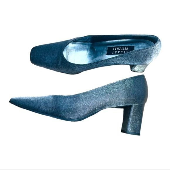 Stuart Weitzman Anna Pewter Matte Lame Pumps 2.5 Inch Block Heel Women’s Size 9 - Picture 3 of 12